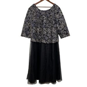 Alex Evenings Womens Gown 22W Navy Gold 3/4 Sleeve Stretch Lace Bodice Mock Gown
